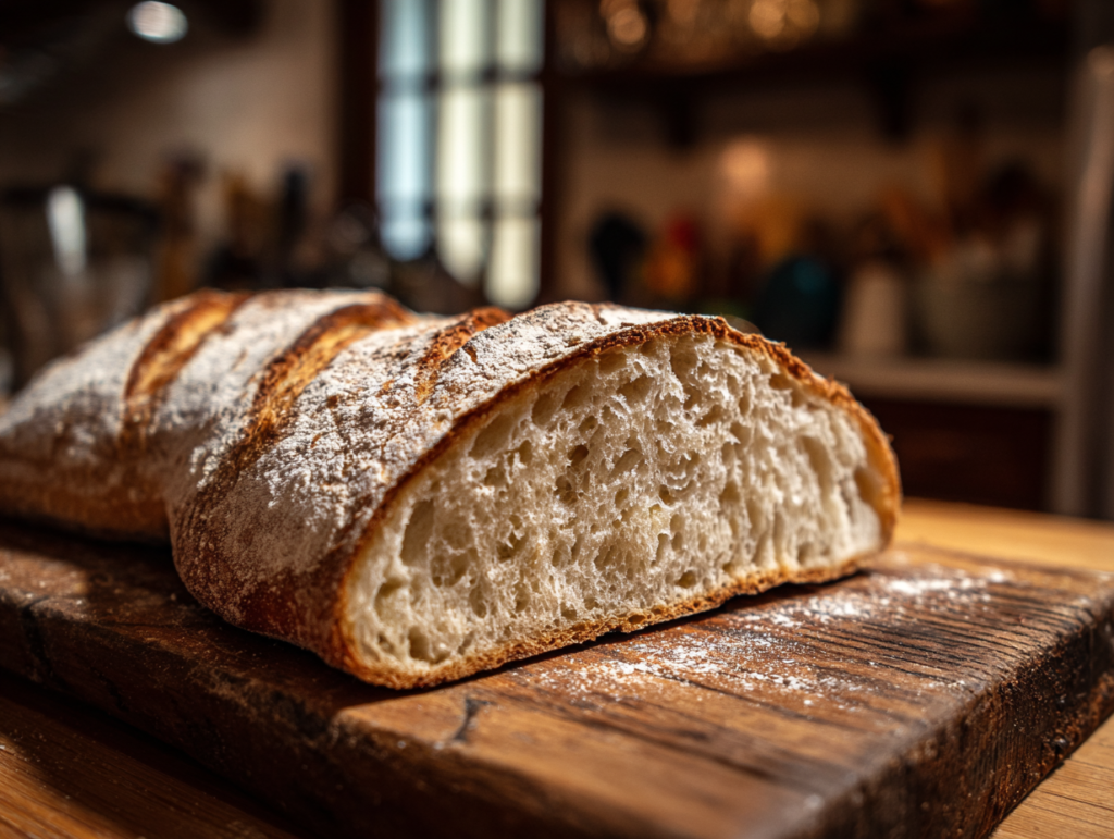 dense sourdough bread sliced open showing tight crumb structure