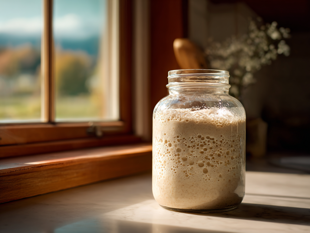 active sourdough starter at peak with bubbles throughout glass jar 