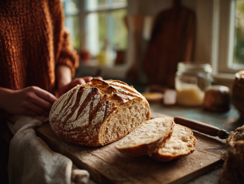 sliced sourdough bread on farmhouse cutting board with morning coffee 