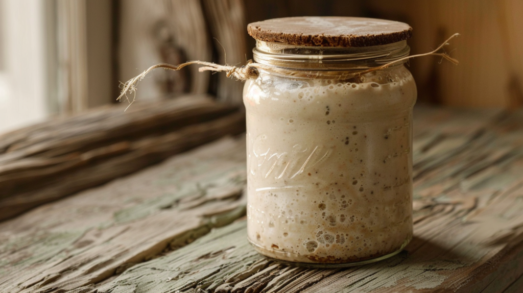 Sourdough starter in mason jar with rubber band rise marker — part of a simple sourdough morning routine