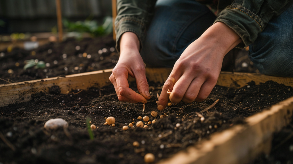  Hands planting seeds in a raised garden bed — first steps to start a homestead on a small budget