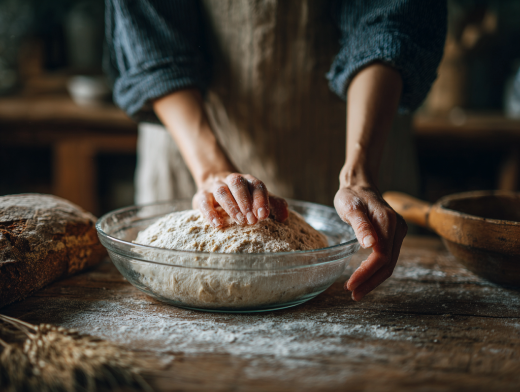 performing the poke test on sourdough dough during bulk fermentation