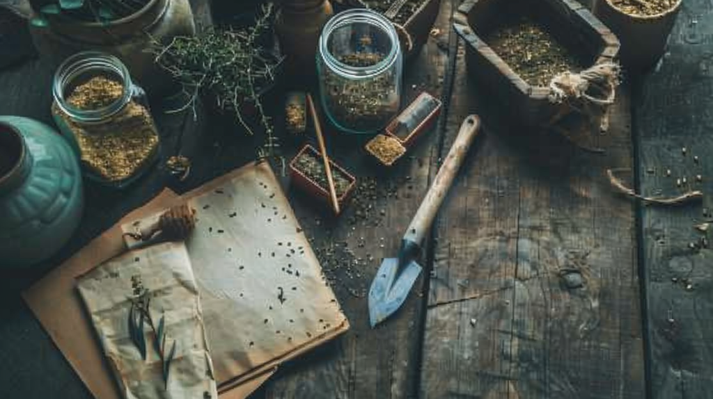 : Beginner homestead starter supplies flat lay — seed packets, mason jars, and garden trowel on rustic wood
