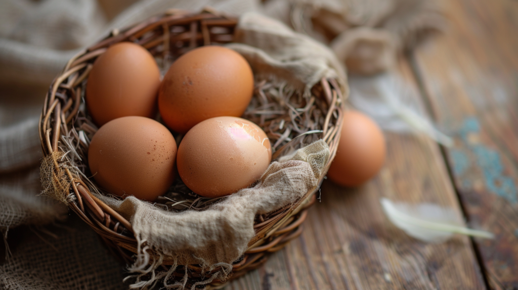 Fresh eggs in a wicker basket on rustic wood — starting homesteading with backyard chickens