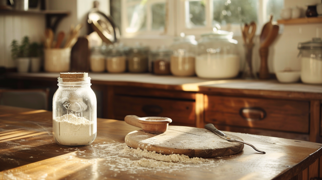 Grain mill on farmhouse kitchen counter with freshly milled flour — homestead pantry essential for serious bakers