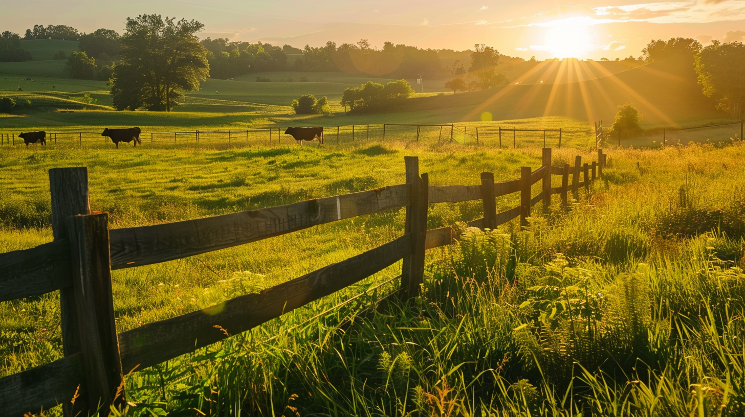 Green pasture with grazing cows at golden hour — homesteading for beginners women