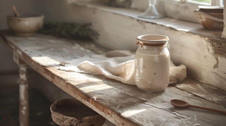 Sourdough morning routine on the ranch — mason jar starter, linen cloth, and rustic wooden counter in early morning light