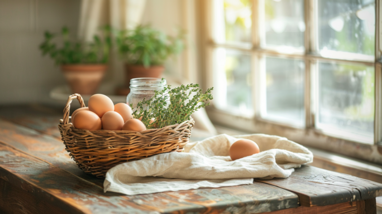 Beginner homestead kitchen scene — fresh eggs, dried herbs, and rustic wooden table for how to start a homestead on a small budget