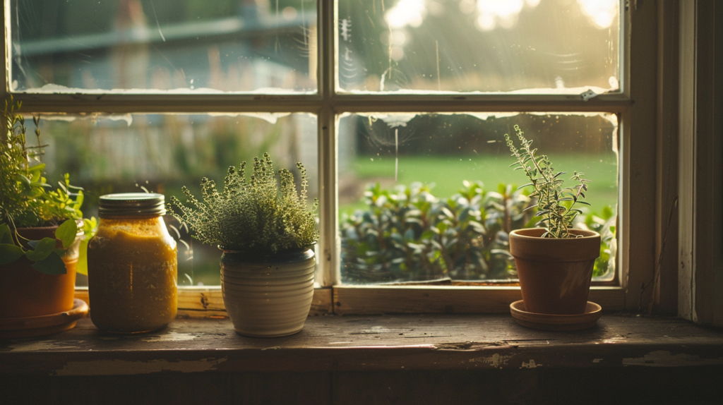 Farmhouse kitchen window with sourdough starter and green pasture view — slow living on the ranch