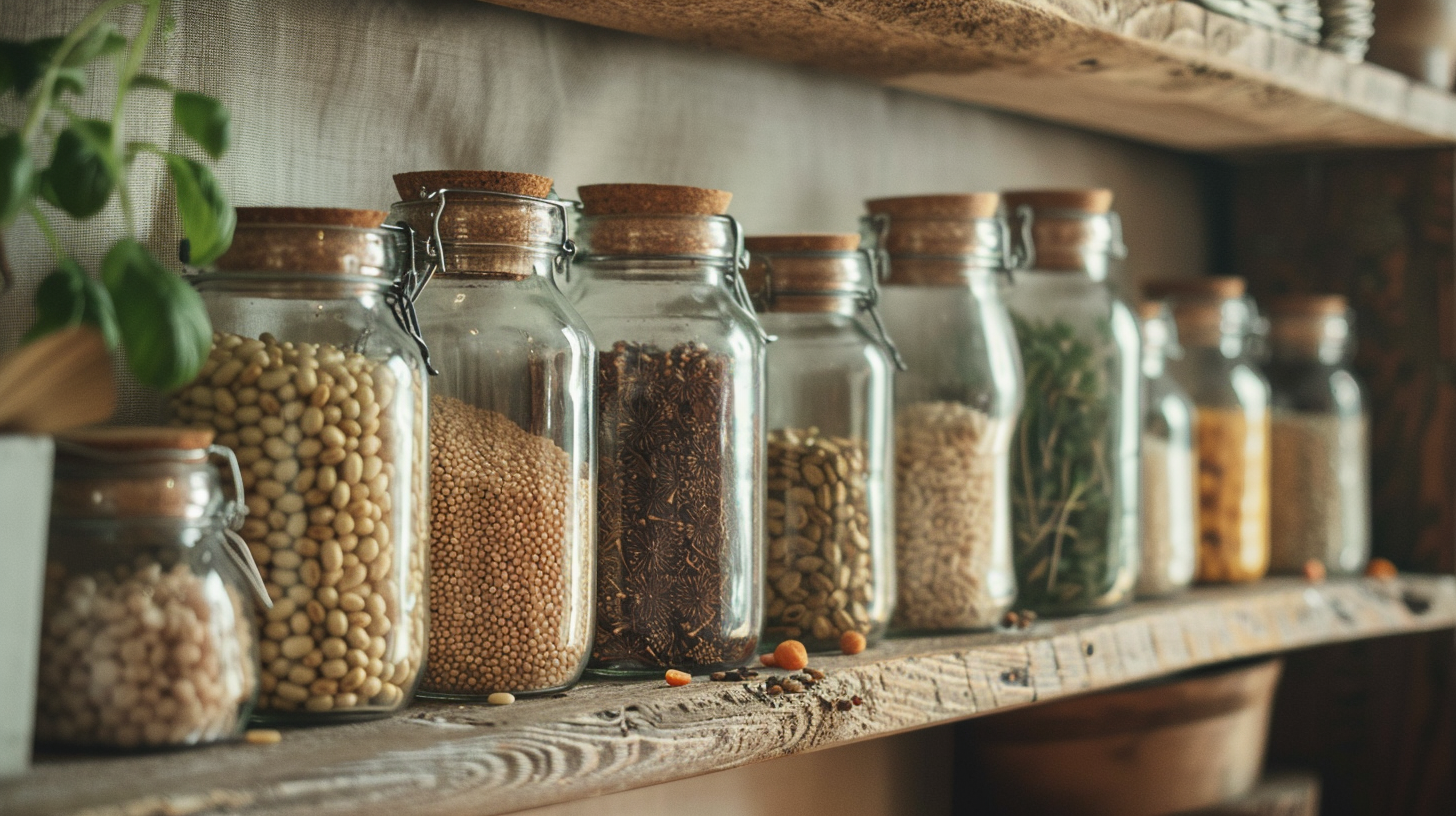 Homestead pantry essentials — mason jars of grains, beans, and dried herbs on rustic farmhouse shelves