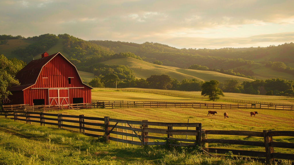 Rustic red barn and pasture at golden hour — ranch life for beginners