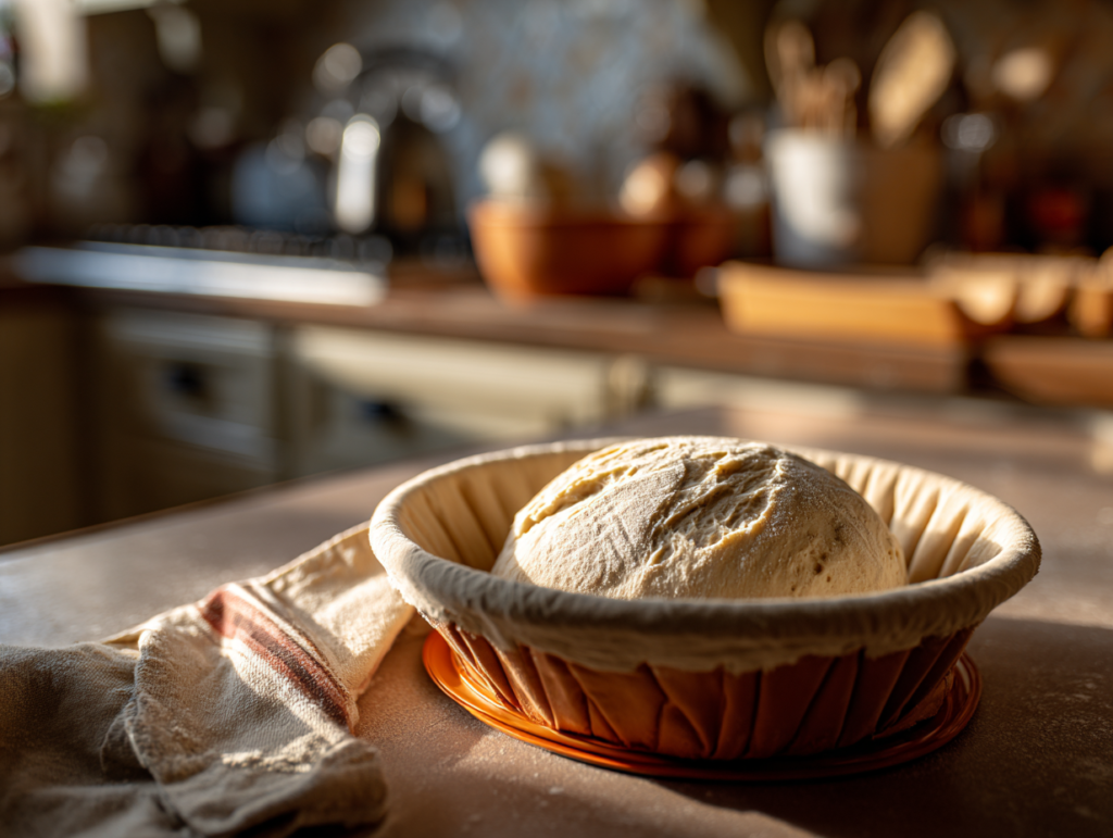 sourdough dough proofing in banneton on warming plate at 80 degrees for consistent fermentation