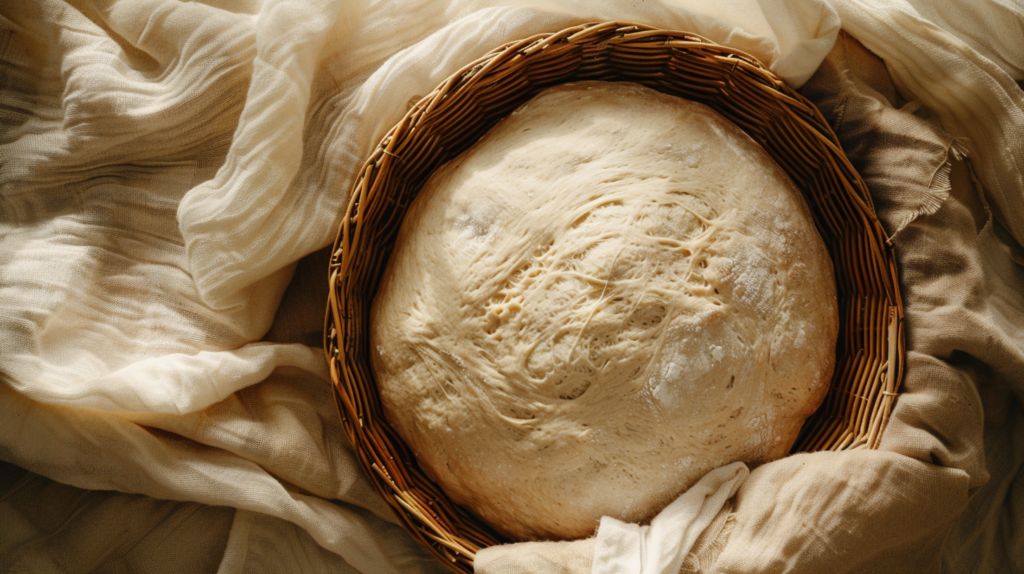 Sourdough dough in banneton proofing basket — cold overnight proof as part of ranch sourdough morning routine