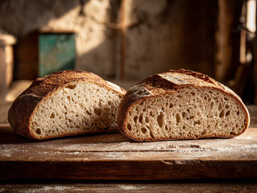 dense sourdough crumb compared to open airy sourdough crumb side by side