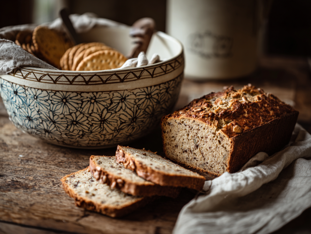 sourdough discard banana bread sliced on farmhouse cutting board