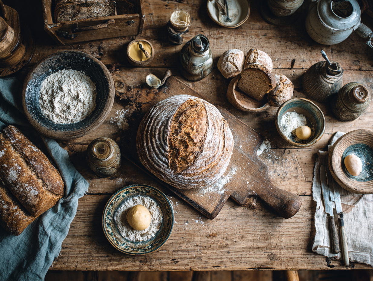 sourdough discard recipes spread on farmhouse kitchen table