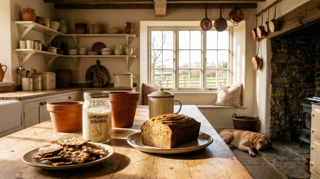 sourdough discard recipes on farmhouse kitchen table with banana bread and crackers