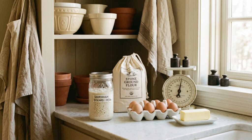 sourdough discard with baking ingredients on farmhouse kitchen counter