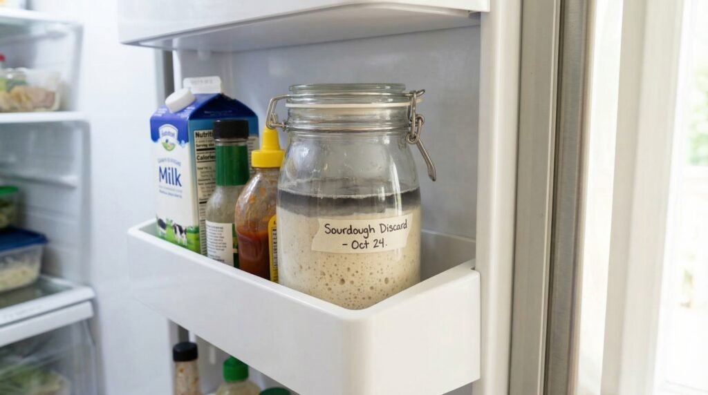 sourdough discard stored in glass jar in refrigerator