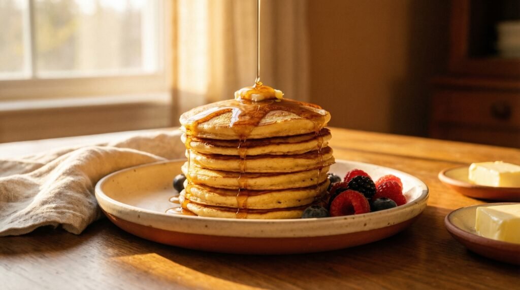 sourdough discard pancakes stacked on farmhouse plate with maple syrup