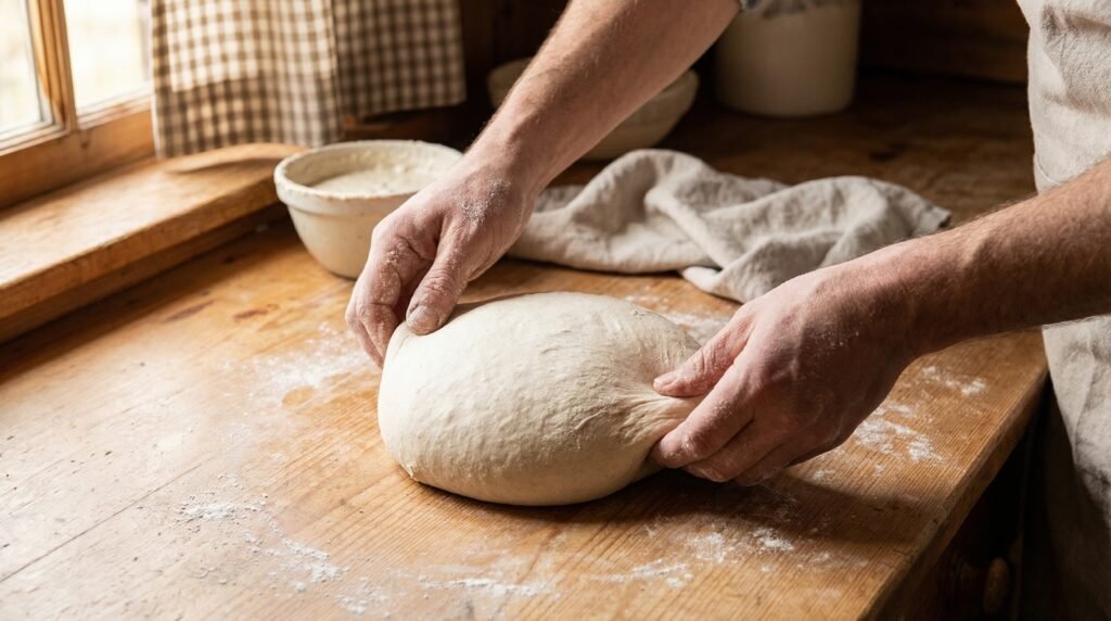 shaping sourdough boule to create surface tension before proofing in banneton