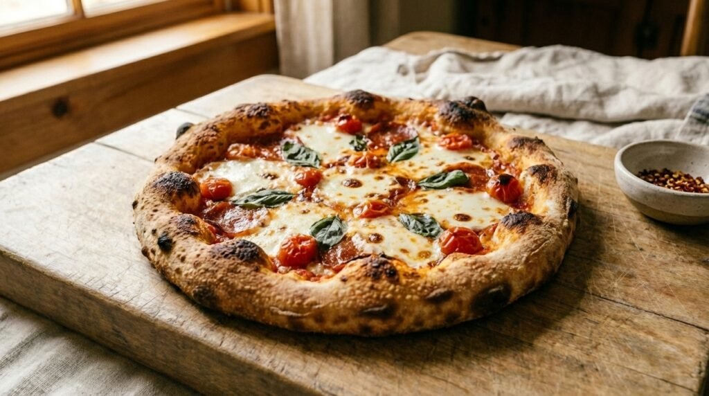sourdough discard pizza with golden crispy crust on wooden board