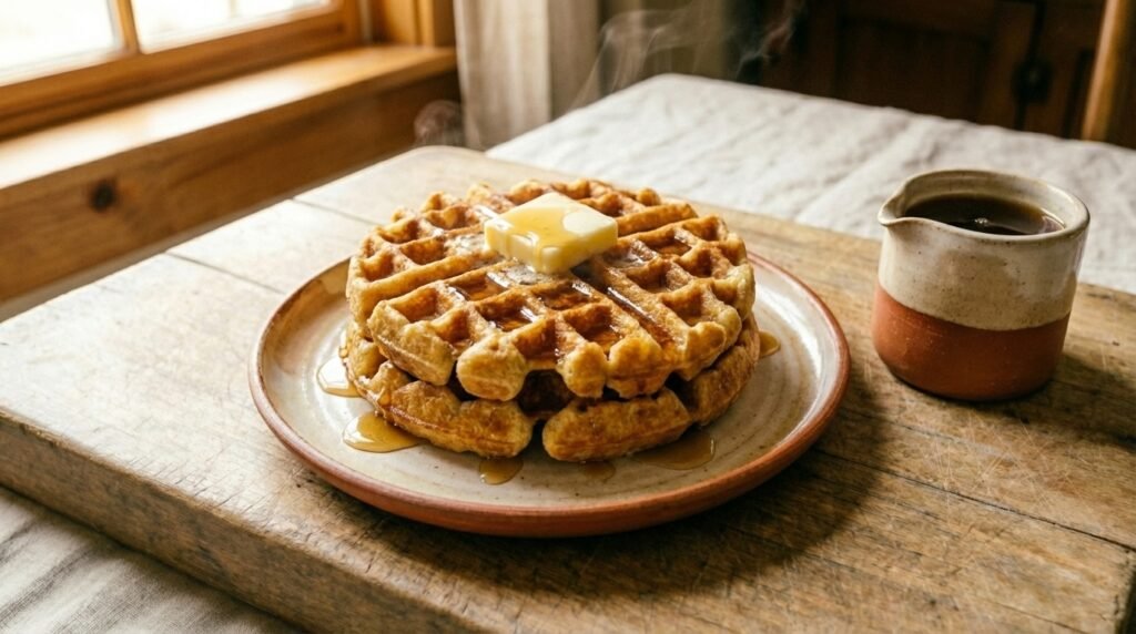 sourdough discard waffles golden and crispy on farmhouse plate with maple syrup