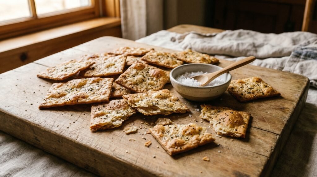 sourdough discard crackers on rustic wooden board with sea salt
